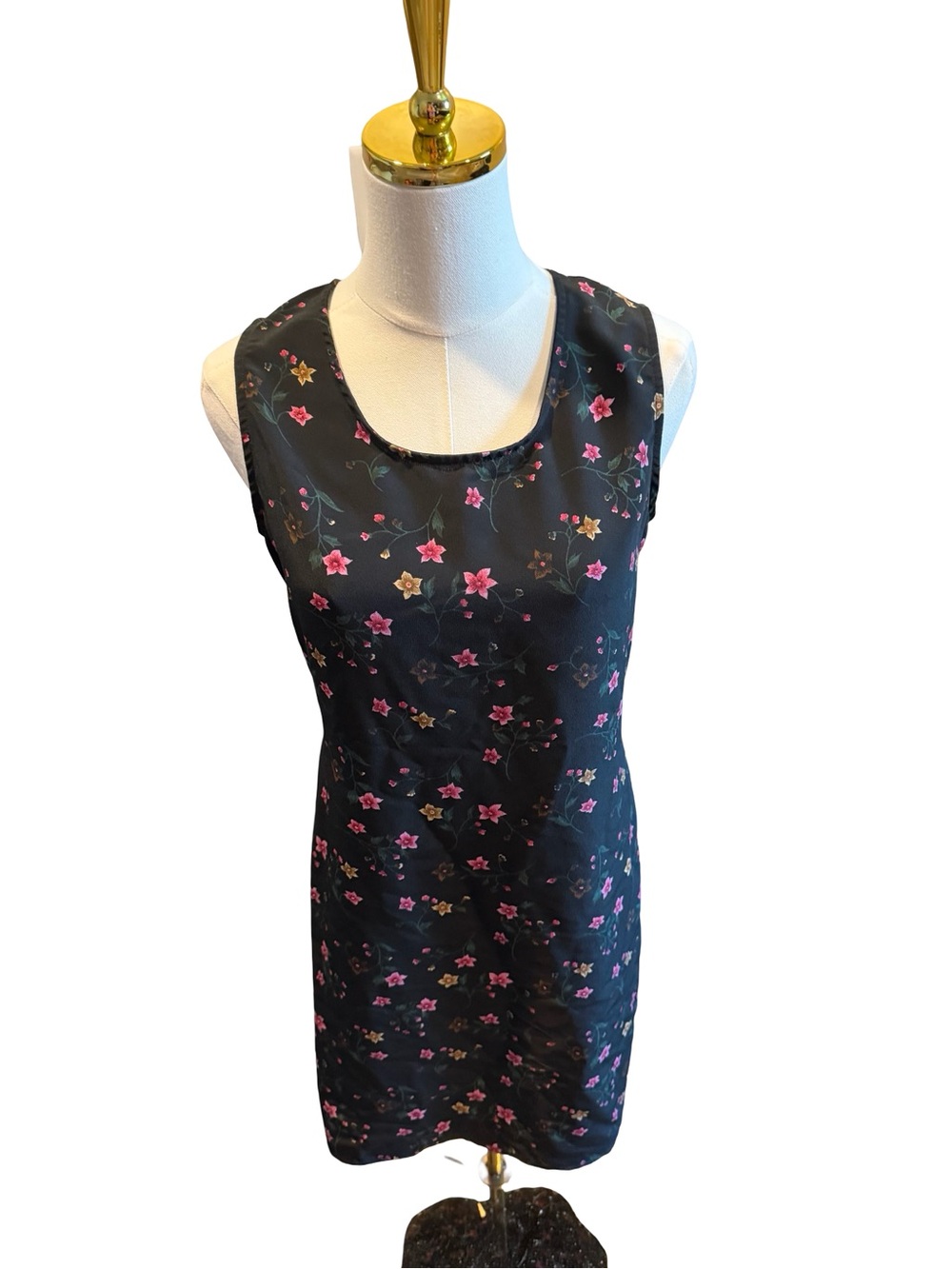 Vintage Betsy Lauren Black Floral Sleeveless Midi Dress with Pink Accents